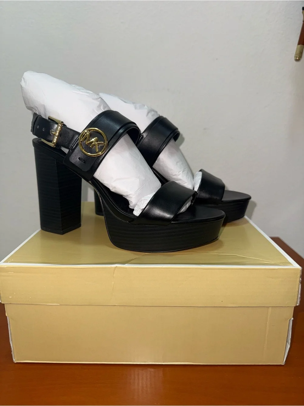 Michael Kors Black Leather Platform Block Heel Sandals with Gold MK Accent